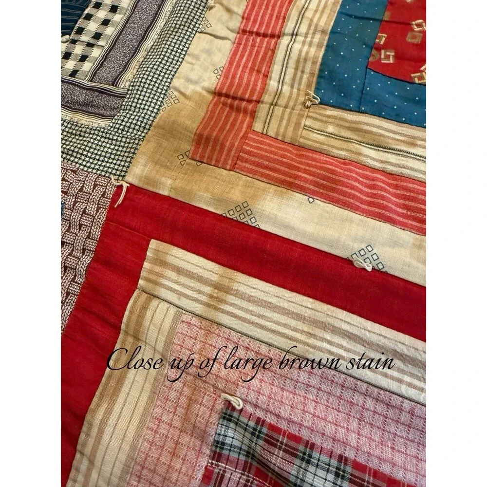 Antique Log Cabin Style Quilt Queen Size 82” X 74” Reversible Red Cream Boxes